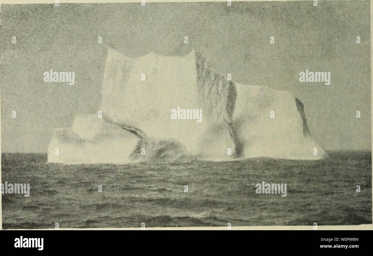 Archive image from page 147 of The depths of the ocean;. The depths of the ocean; a general account of the modern science of oceanography based largely on the scientific researches of the Norwegian steamer Michael Sars in the North Atlantic depthsofoceange00murr Year: 1912  Fig. ioo.—Icebergs outside the Harbour of St. John's. well as of the dangers which the bank-fishers have to face. Icebergs, fog, and the great ocean-steamers are the chief perils    Fig. ioi.—Iceberg outside St. John's. these men have to reckon with, and it was an unpleasant sensation for us also to have to steam for three Stock Photo
