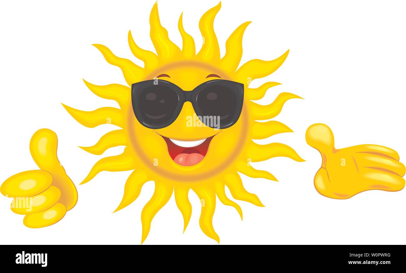 A merry cartoon sun in protective glasses from the sun. A cheerful cartoon sun on a white background. Smiling sun and hands with a finger raised up. Stock Vector