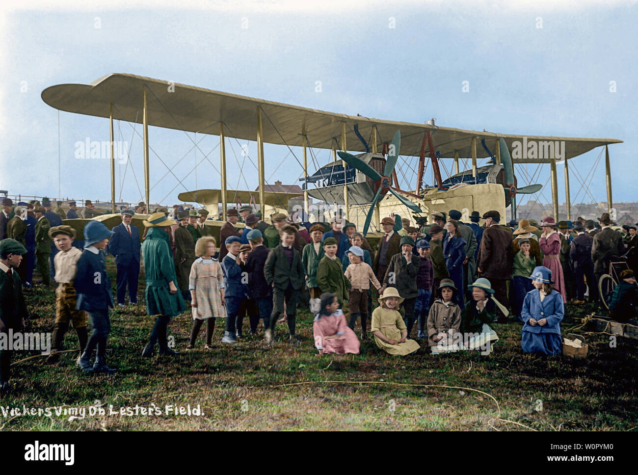 The plane of Alcock and Brown before takeoff from St. John's, Newfoundland in 1919. British aviators John Alcock and Arthur Brown made the first non-stop transatlantic flight in June 1919. They flew a modified First World War Vickers Vimy bomber from St. John's, Newfoundland, to Clifden, Connemara, County Galway, Ireland Stock Photo