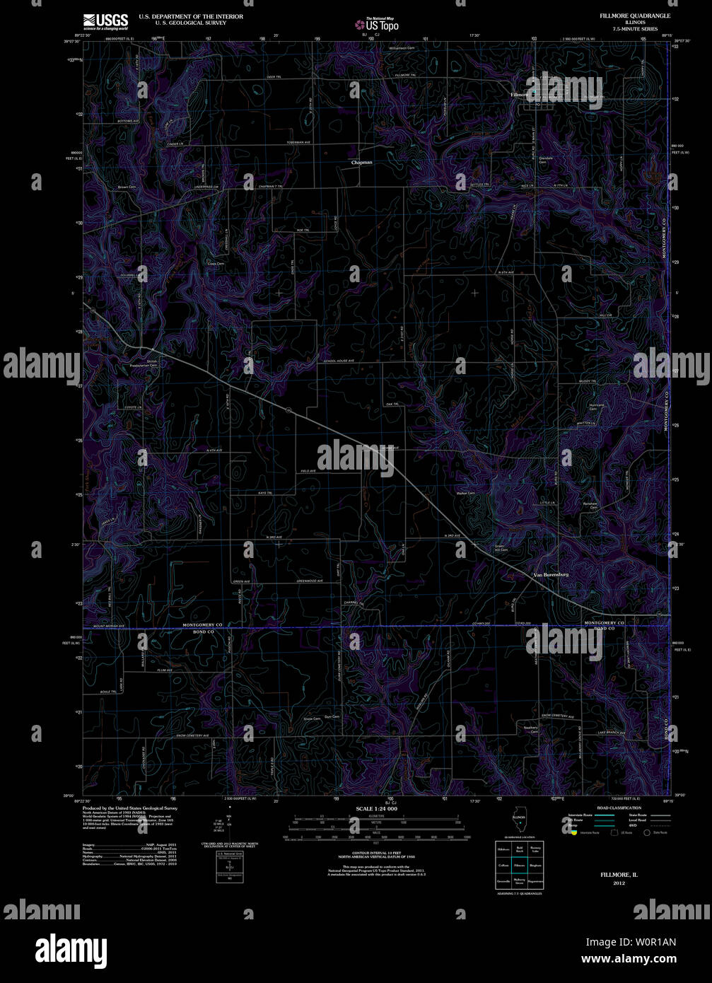 USGS TOPO Map Illinois IL Fillmore 20120904 TM Inverted Restoration Stock Photo