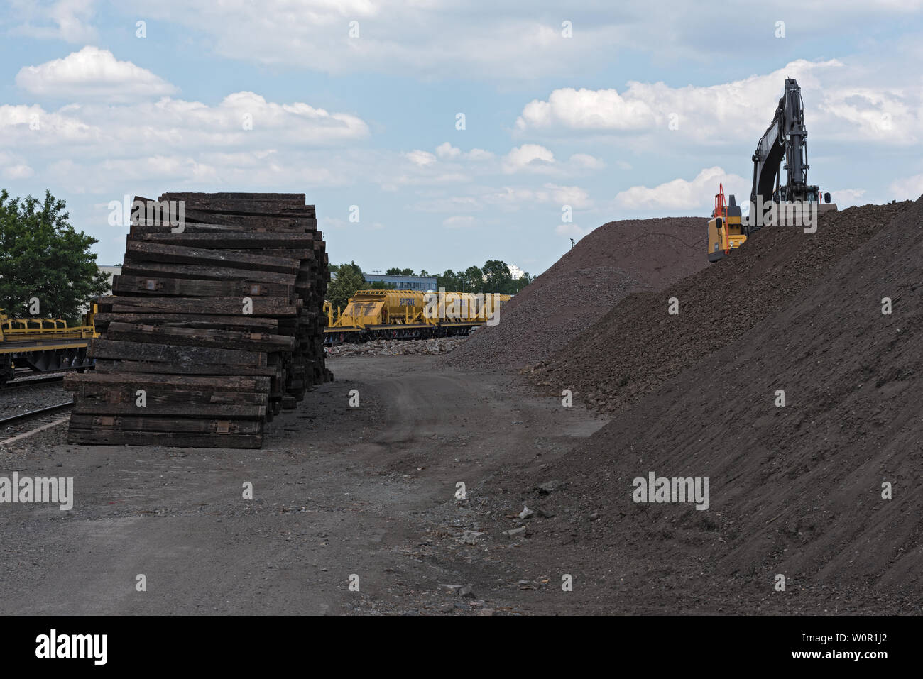 machine park and storage area for railway construction Stock Photo
