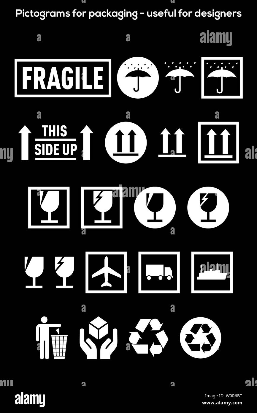 Pictograms for packaging - useful for designers isolated on black Stock Photo