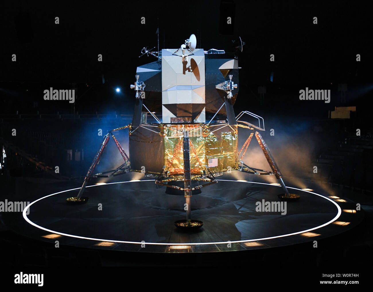 June 27, 2019 - Pasadena, California, USA - A general view of the Apollo 11 Lunar Module in the theater of the Lunar Dome for the Apollo 11 media preview event at Rose Bowl in Pasadena, California. (Credit Image: © Billy Bennight/ZUMA Wire) Stock Photo