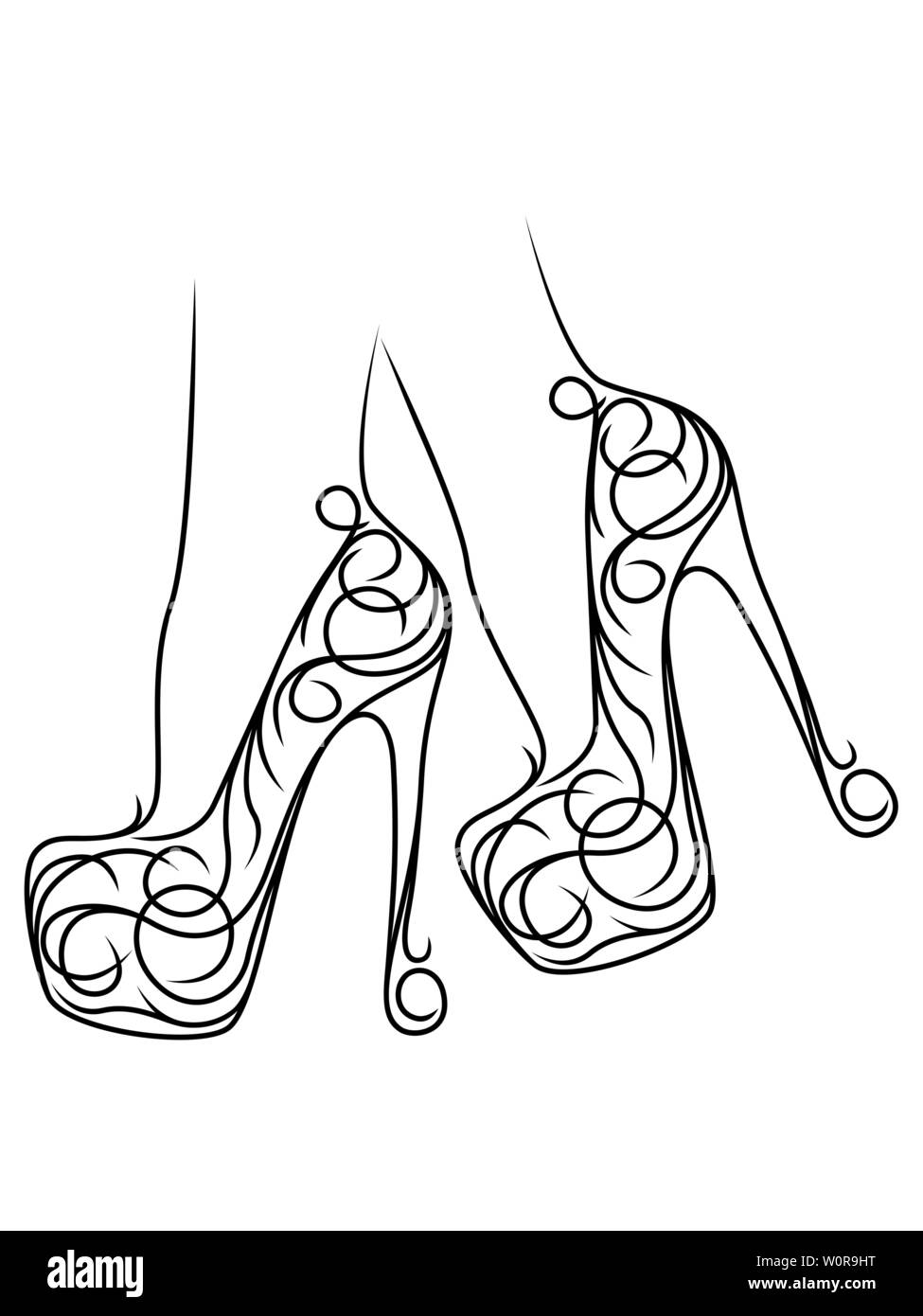 Sketching outline of graceful female feet in abstract shoes with high