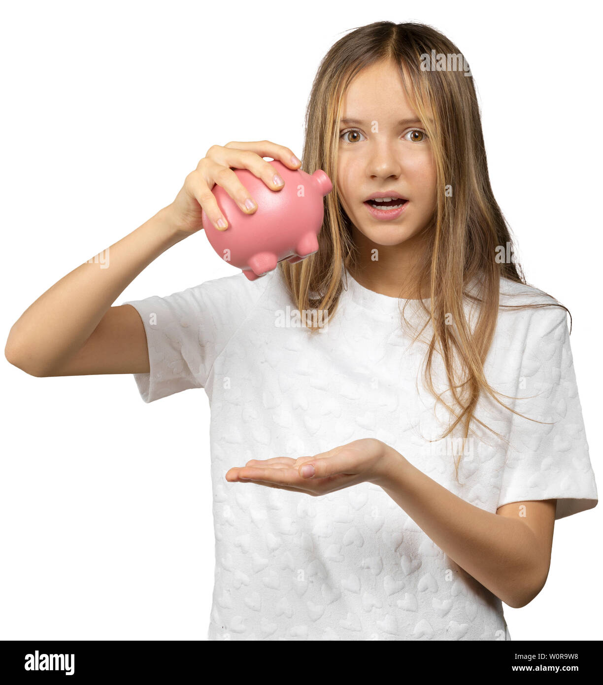 Smiling happy little girl with piggy bank Stock Photo - Alamy