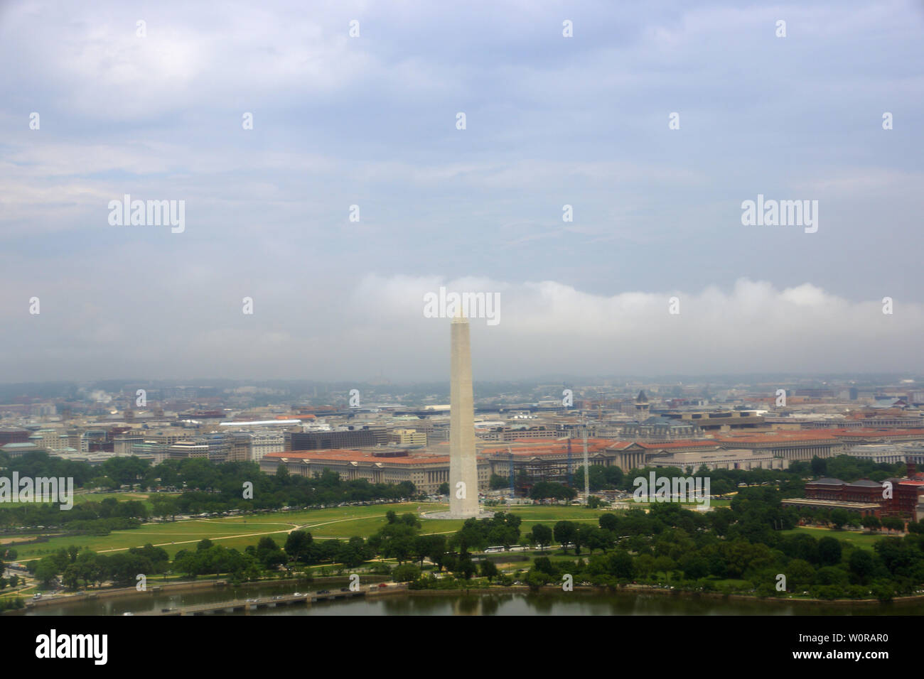Aerial view of Washington Monument on the Washington mall, Washington DC on a cloudy day. Stock Photo