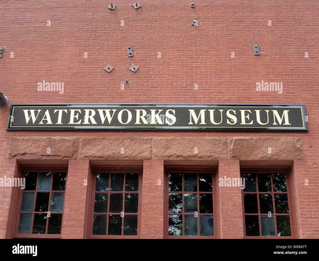 Boston - June 9, 2014:  Historic Waterworks Museum Sign which is located on the original Chestnut Hill Reservoir and pumping station in Boston on a ni Stock Photo