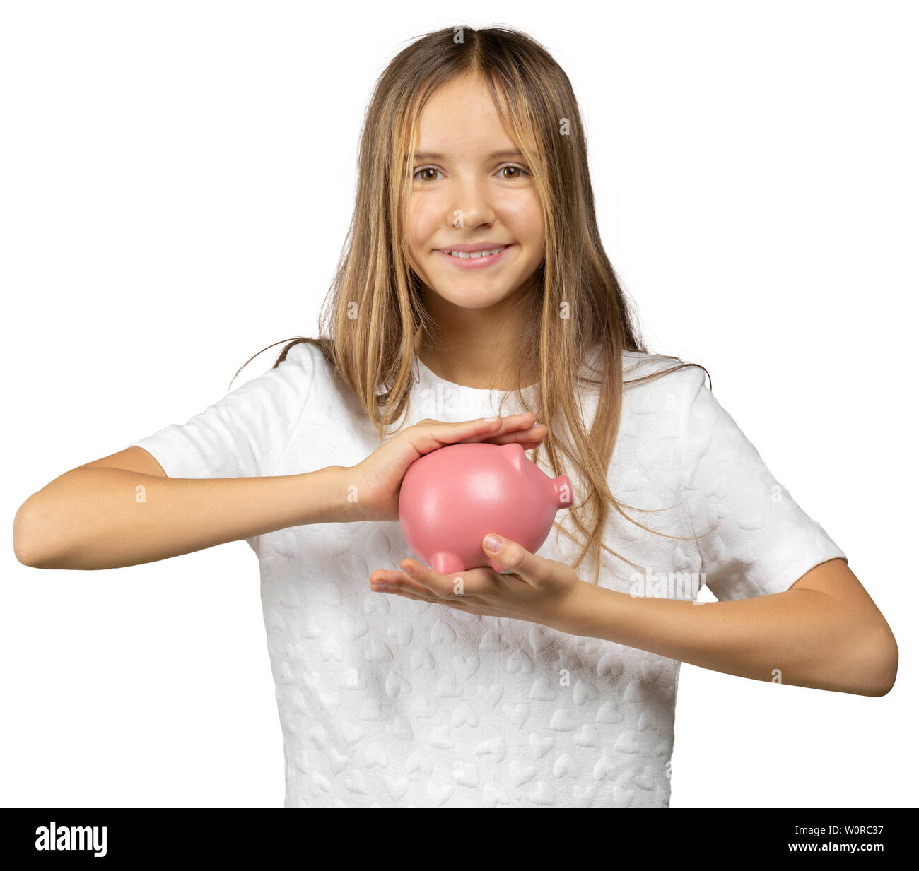 Smiling happy little girl with piggy bank Stock Photo - Alamy