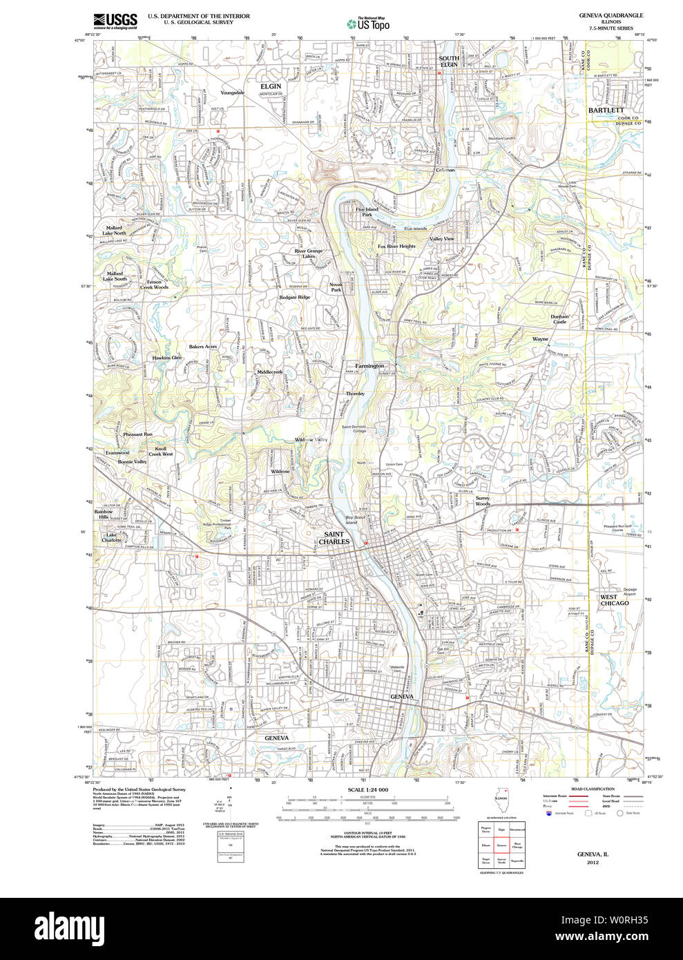 USGS TOPO Map Illinois IL Geneva 20120824 TM Restoration Stock Photo