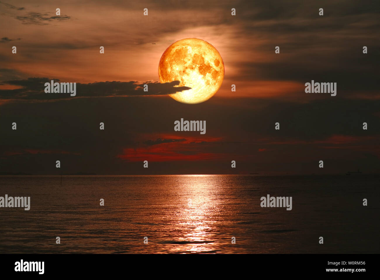 full blood moon on night sky over sea silhouette cloud, Elements of ...