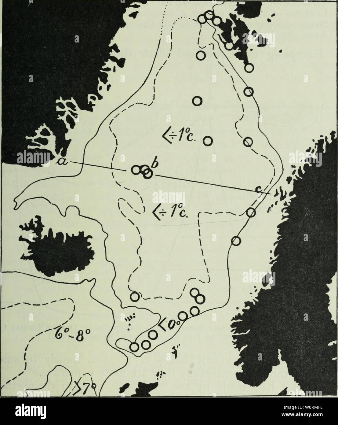 Archive image from page 472 of The depths of the ocean;. The depths of the ocean; a general account of the modern science of oceanography based largely on the scientific researches of the Norwegian steamer Michael Sars in the North Atlantic depthsofoceange00murr Year: 1912  FISHES FROM THE SEA-BOTTOM 435 the fauna of the abyssal area, not one species of this genus has been found in the cold water of the Norwegian Sea, where the genus Lycodes (of the family Zoarcidse) predominates. But Lycodes is not limited to the Norwegian Sea, being represented in    Fig. 309.—The Norwegian Sea. Continuous l Stock Photo