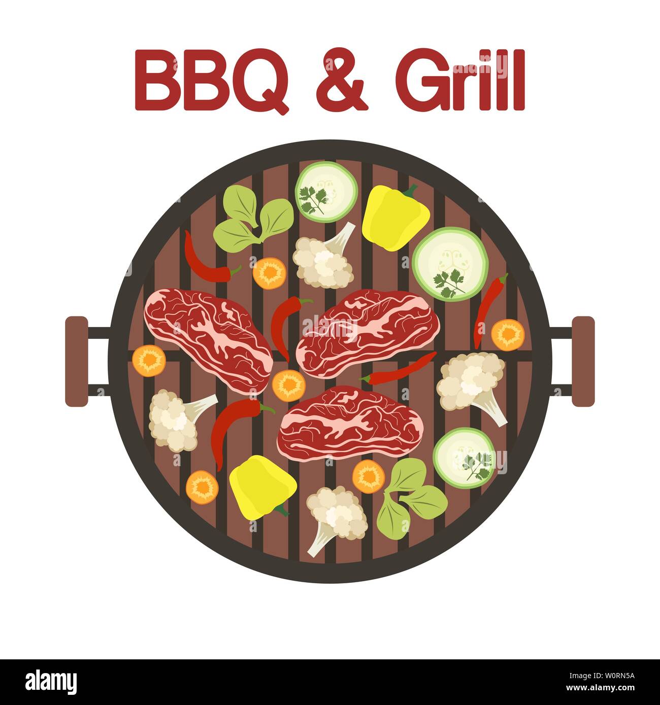 Vector illustration with round barbecue grill top view with meat and ...