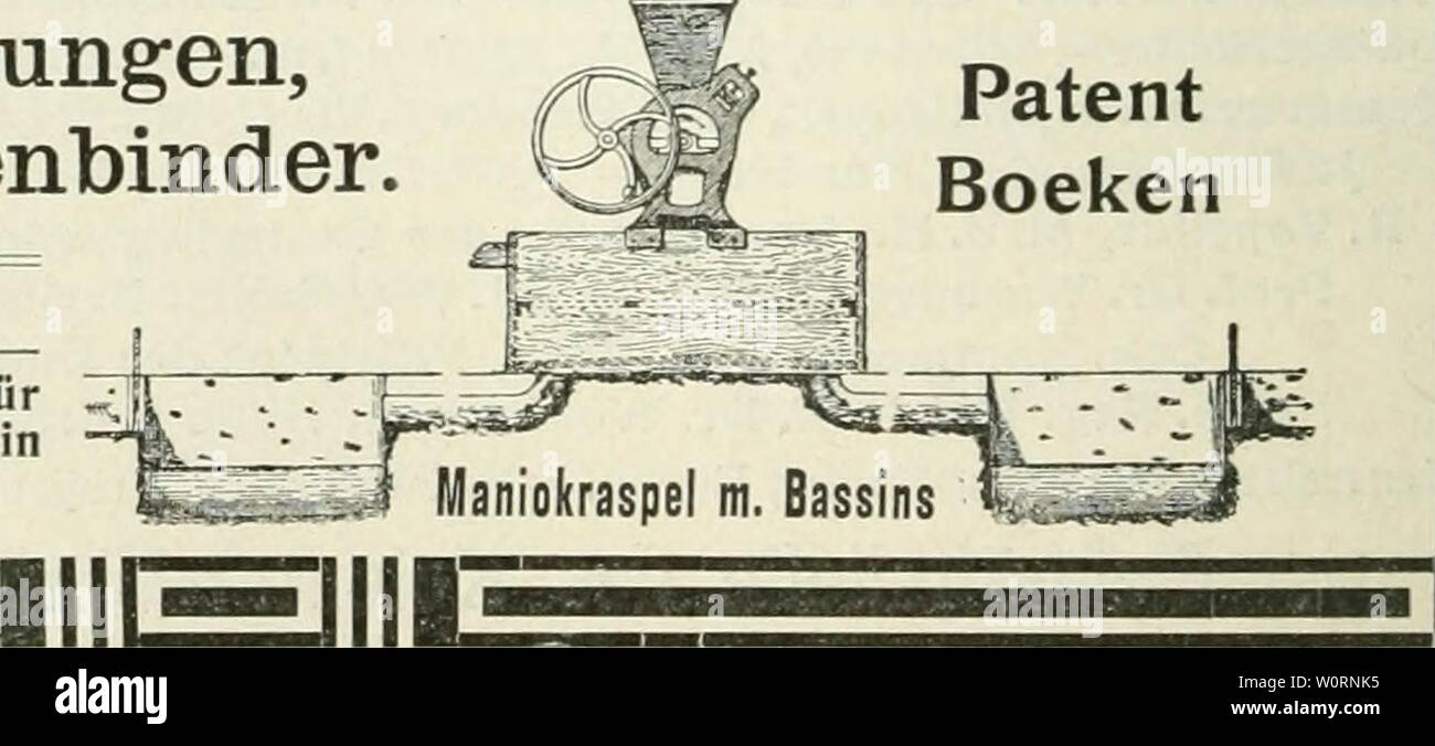 Archive image from page 499 of Der Tropenpflanzer; zeitschrift fr tropische. Der Tropenpflanzer; zeitschrift fr tropische landwirtschaft dertropenpflanze10berl Year:   Boßhen's einseitiger Decorticotor Jelie'. Boeken's Patent-Ramie-Entholzer „Aquiles'. Stärkemehlfabriken für Maniok (Cassave, Yucca) Vollständige Einrichtungen: mechanische Raspeln, Bassins, Siebtücher in Metall usw. für alle stärkehaltigen Knollen und Wurzeln. Trockeneinrichtungen, Pressen und Ballenbinder. Patent Boeken Langjährige Erfahrung in warmen Ländern. — Sorgfältige Ausführung. — Bestes Material. — Kostenvoransehläge fü Stock Photo