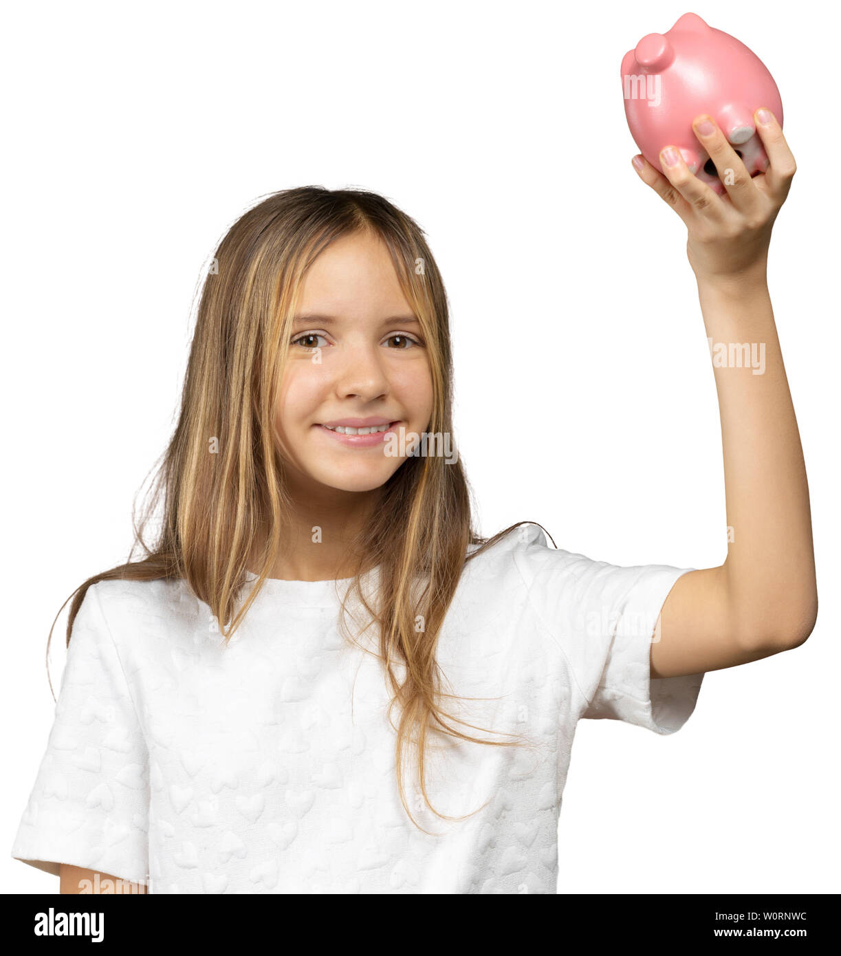 Smiling happy little girl with piggy bank Stock Photo - Alamy