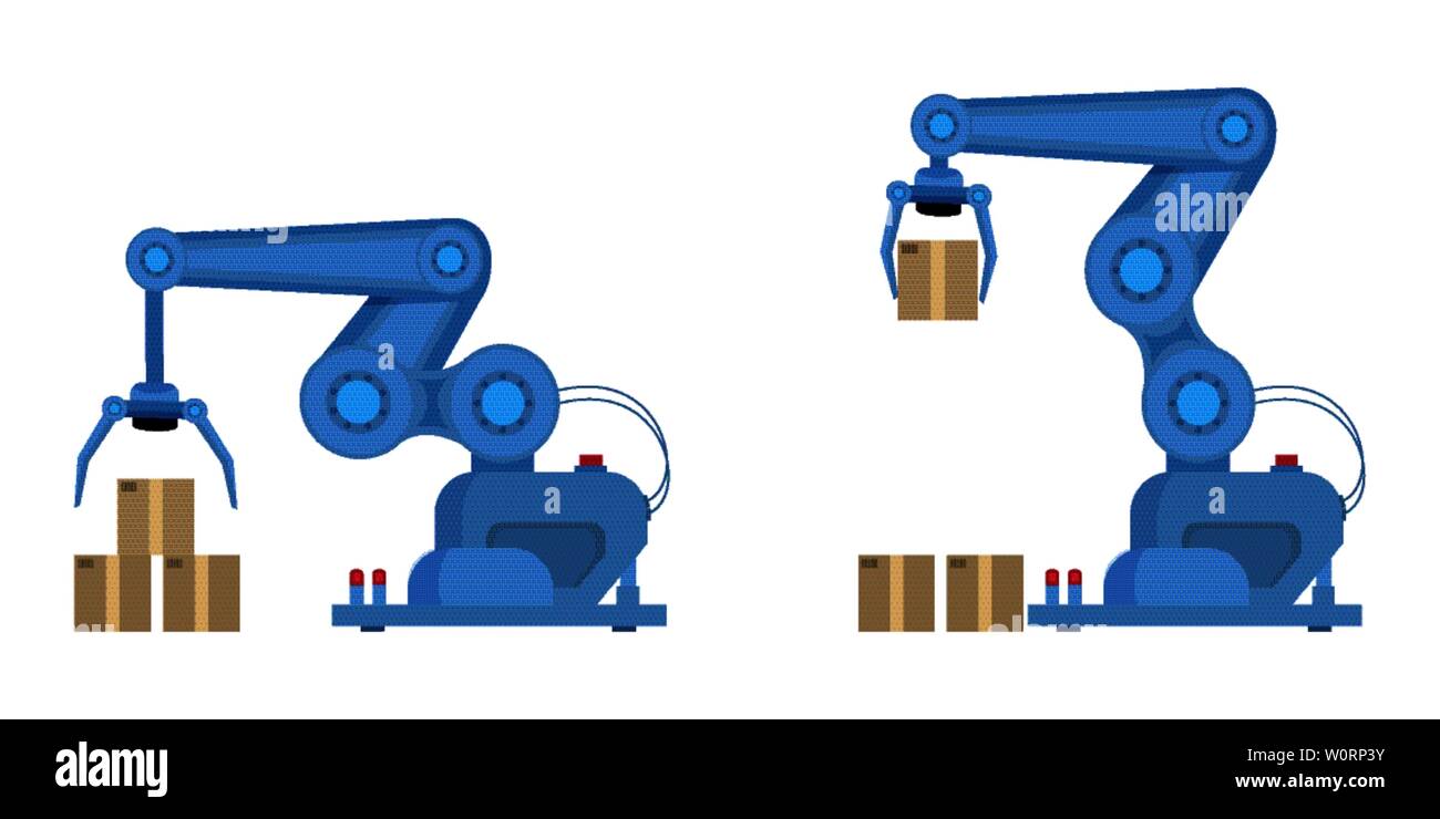 Industrial robot arm flat vector illustration. Smart industry, warehouse loader robotics and automation isolated design elements set. Axis robot palletizer, innovative modern manufacturing, production Stock Vector