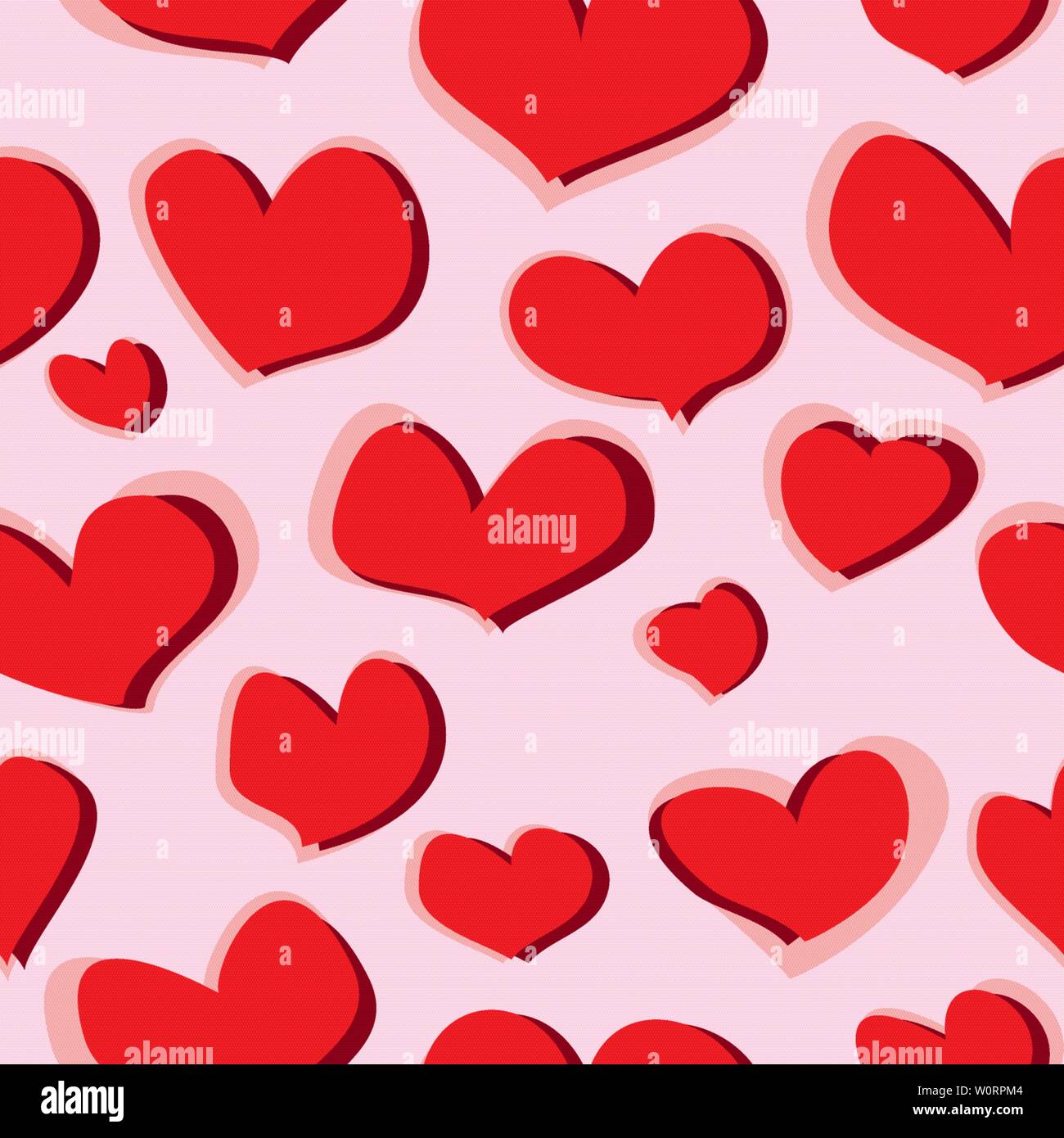 Seamless pattern scribble of red heart figures on a pink background for fabrics, wallpapers, tablecloths, prints and designs. Abstract background for Stock Vector