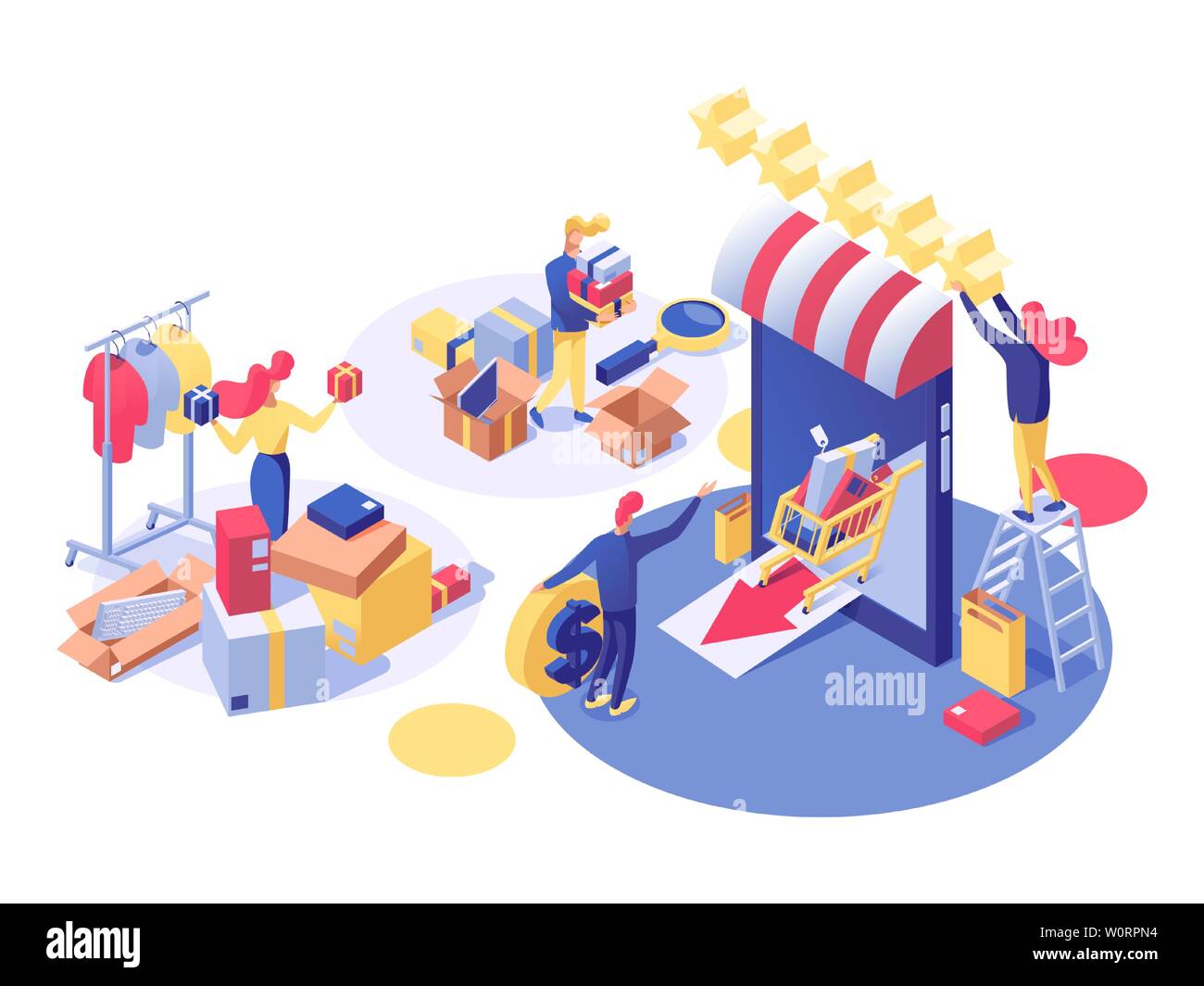 E-commerce and shopping vector isometric illustration. Shop assistant doing inventory, entrepreneur opening store and buying products for sale 3d characters. Consumerism, trading and retail business Stock Vector
