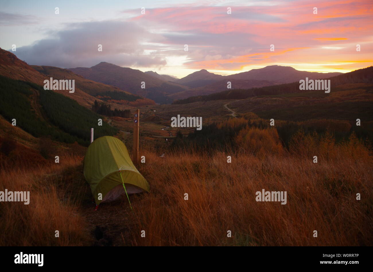 Wild camping bushcraft outdoors tent. The Loch Lomond and Cowal Way. Cowal peninsula. Highlands. Scotland. UK Stock Photo