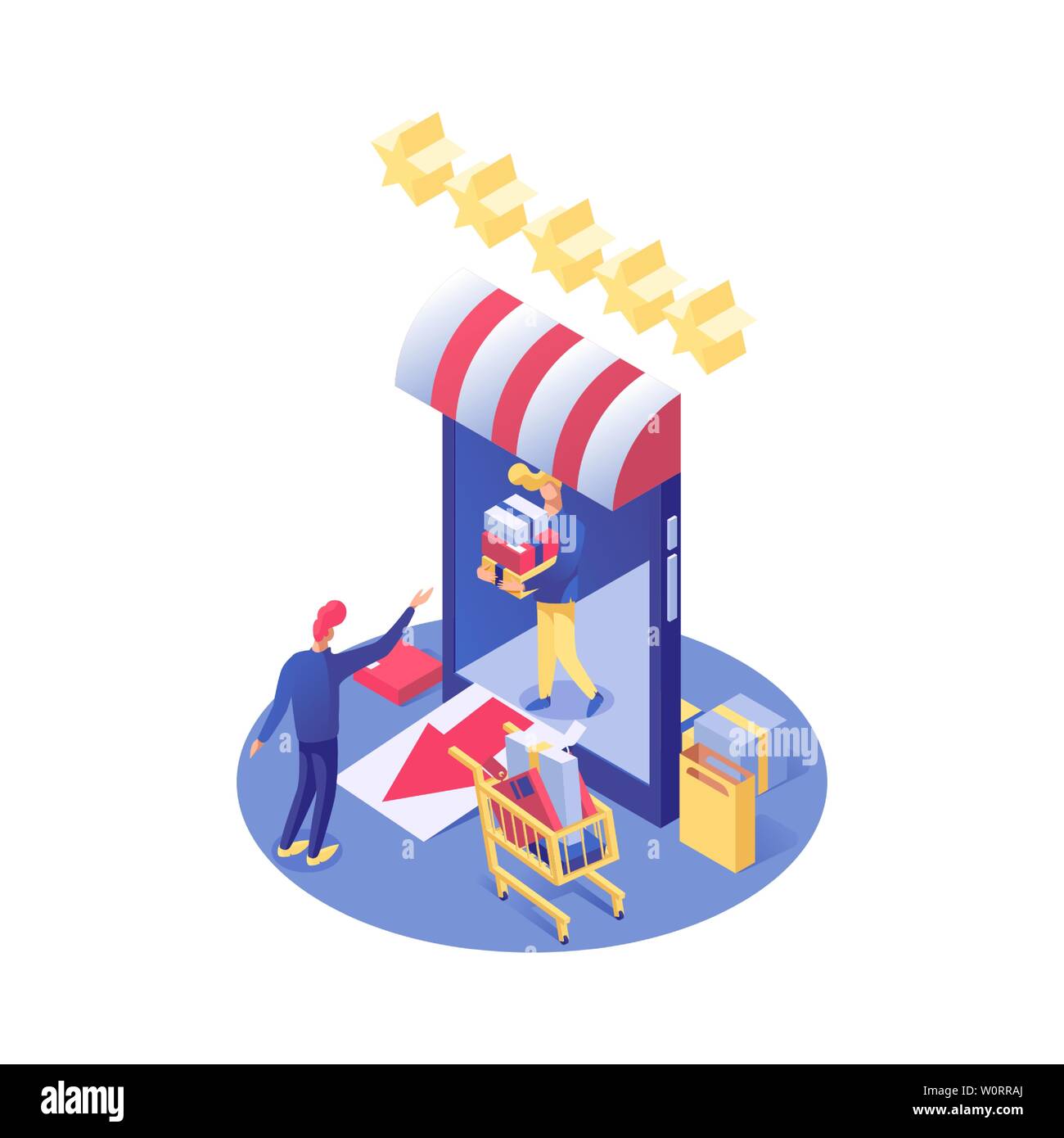 Online shopping vector isometric illustration. E-commerce, e-trading and consumerism, shopper buying products in Internet store isolated clipart. Buyer and seller cartoon 3d characters Stock Vector