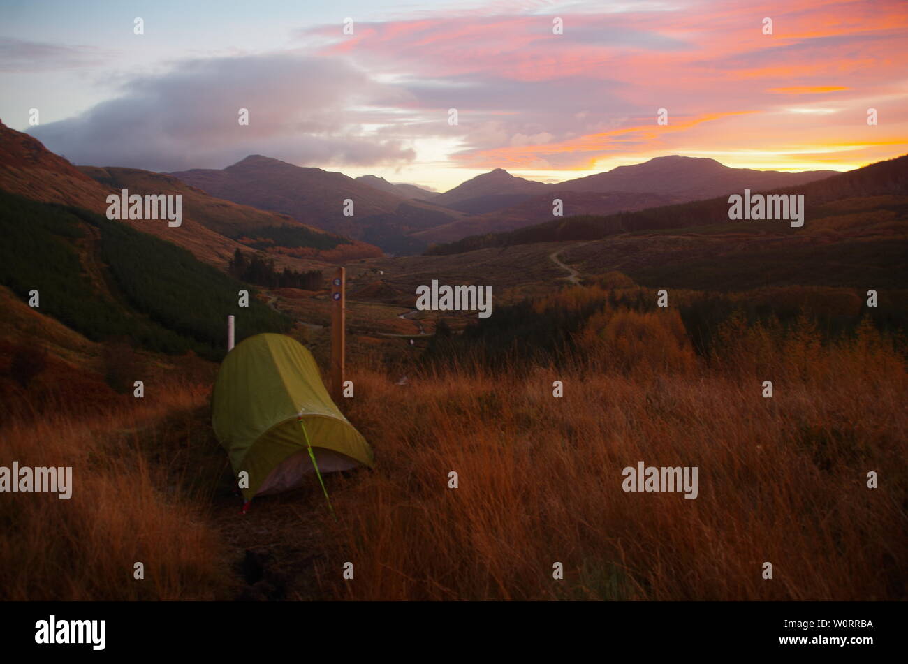 Wild camping bushcraft outdoors tent. The Loch Lomond and Cowal Way. Cowal peninsula. Highlands. Scotland. UK Stock Photo