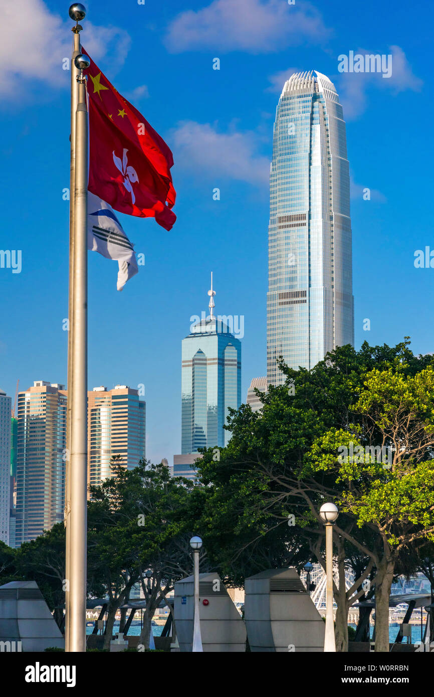 Chinese and Hong Kong flags flying, Wanchai, Hong Kong, SAR, China Stock Photo