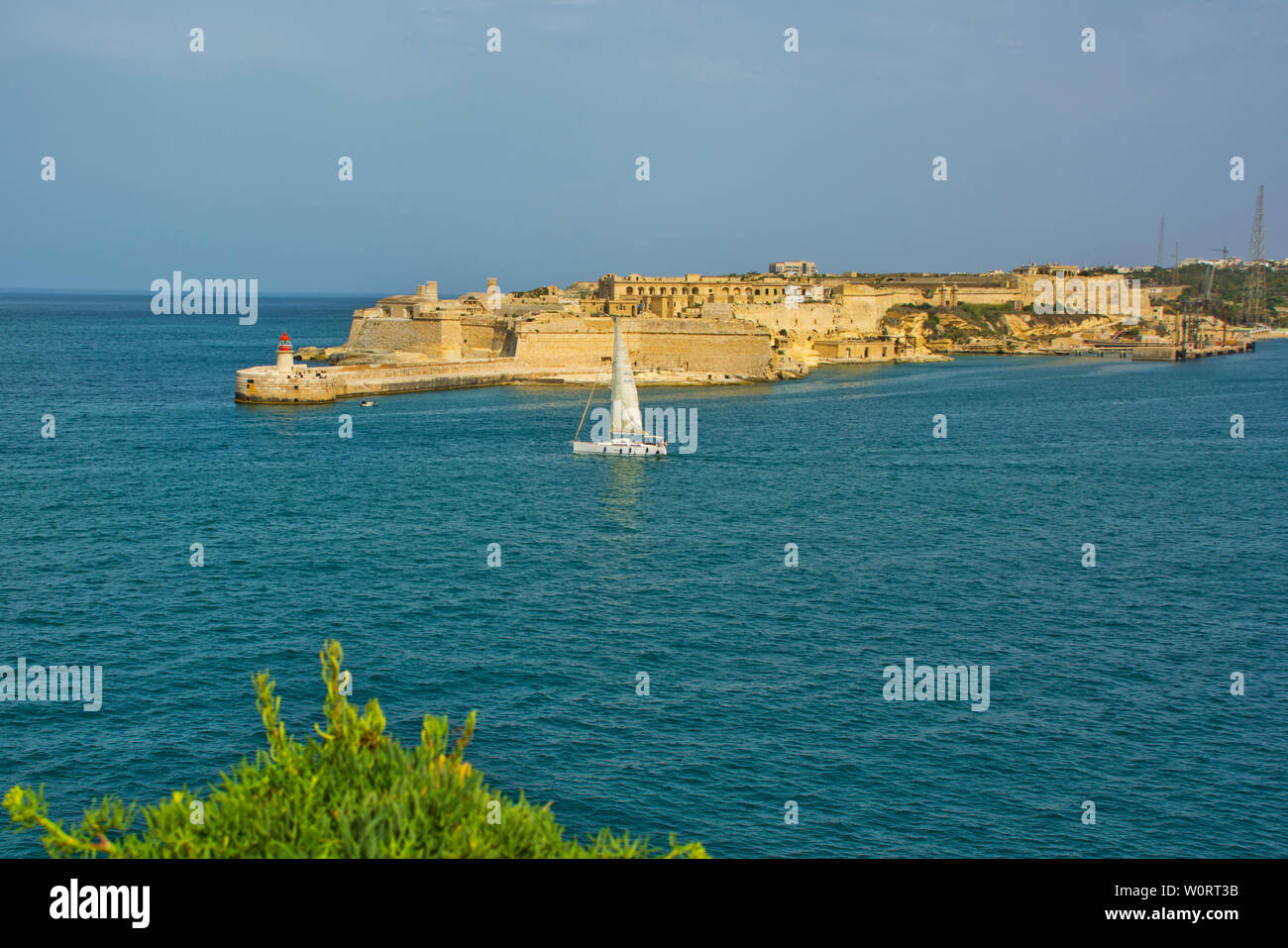 Panorama view from Fort Almo peninsula fortress in Valletta across to the Grand Harbour and sea Stock Photo
