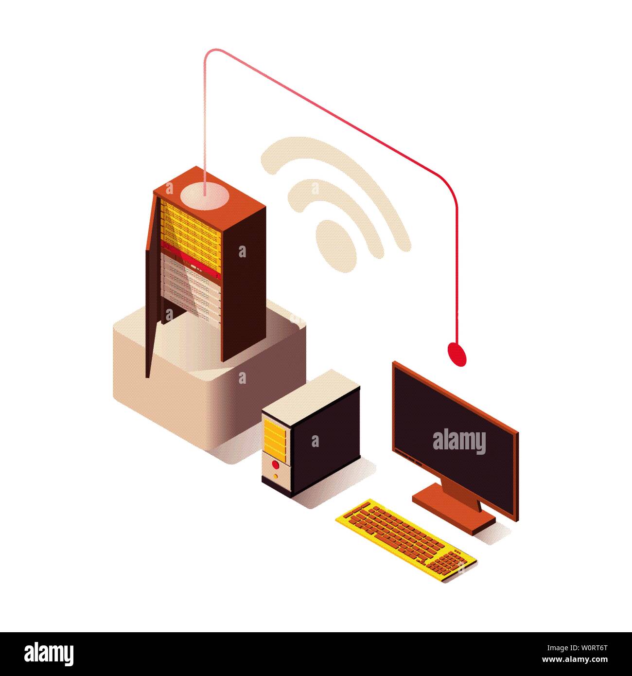 Wifi wireless connection vector isometric illustration. Computer connected to Internet server, online hosting, hardware equipment. Datacenter, IT, database storage isolated 3d clipart Stock Vector