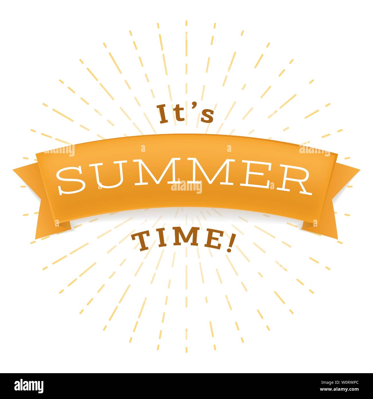 Summertime relax flat vector banner template. It is summer time phrase on golden ribbon, warm season relax inscription. Positive message for social media post with stylized sun rays in round frame Stock Vector