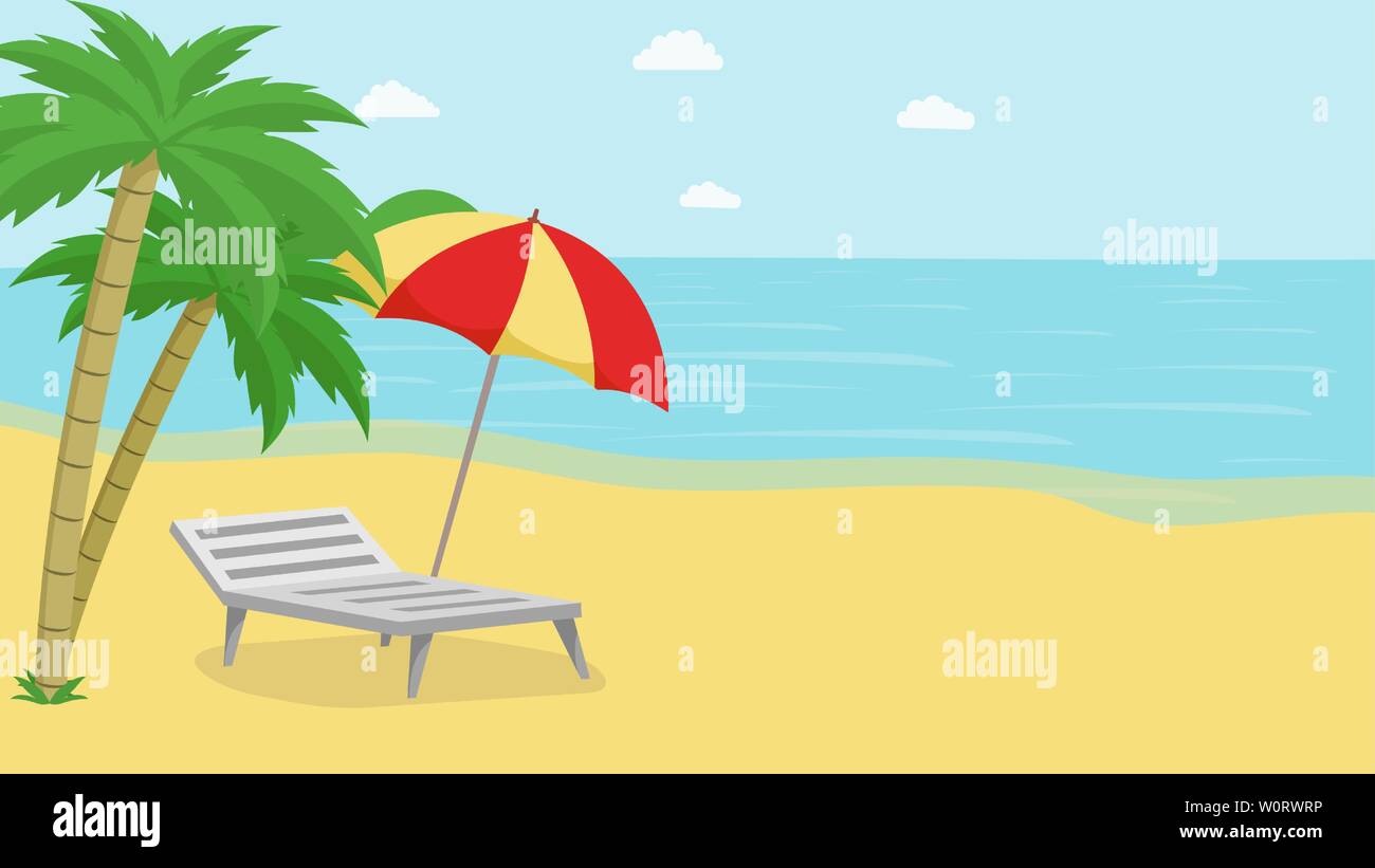 Tropical island relax flat vector illustration. Seascape with exotic palm trees, beach umbrella and deck chair. Seaside resort recreation, summertime leisure on beach, coast, paradise on earth Stock Vector