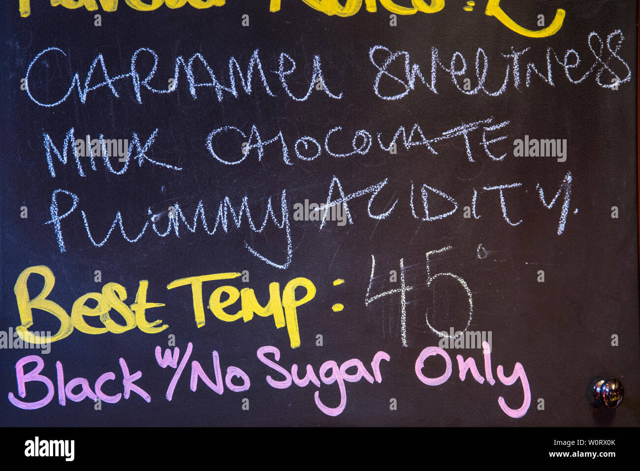 coffee shop sign describing the coffee flavours Stock Photo