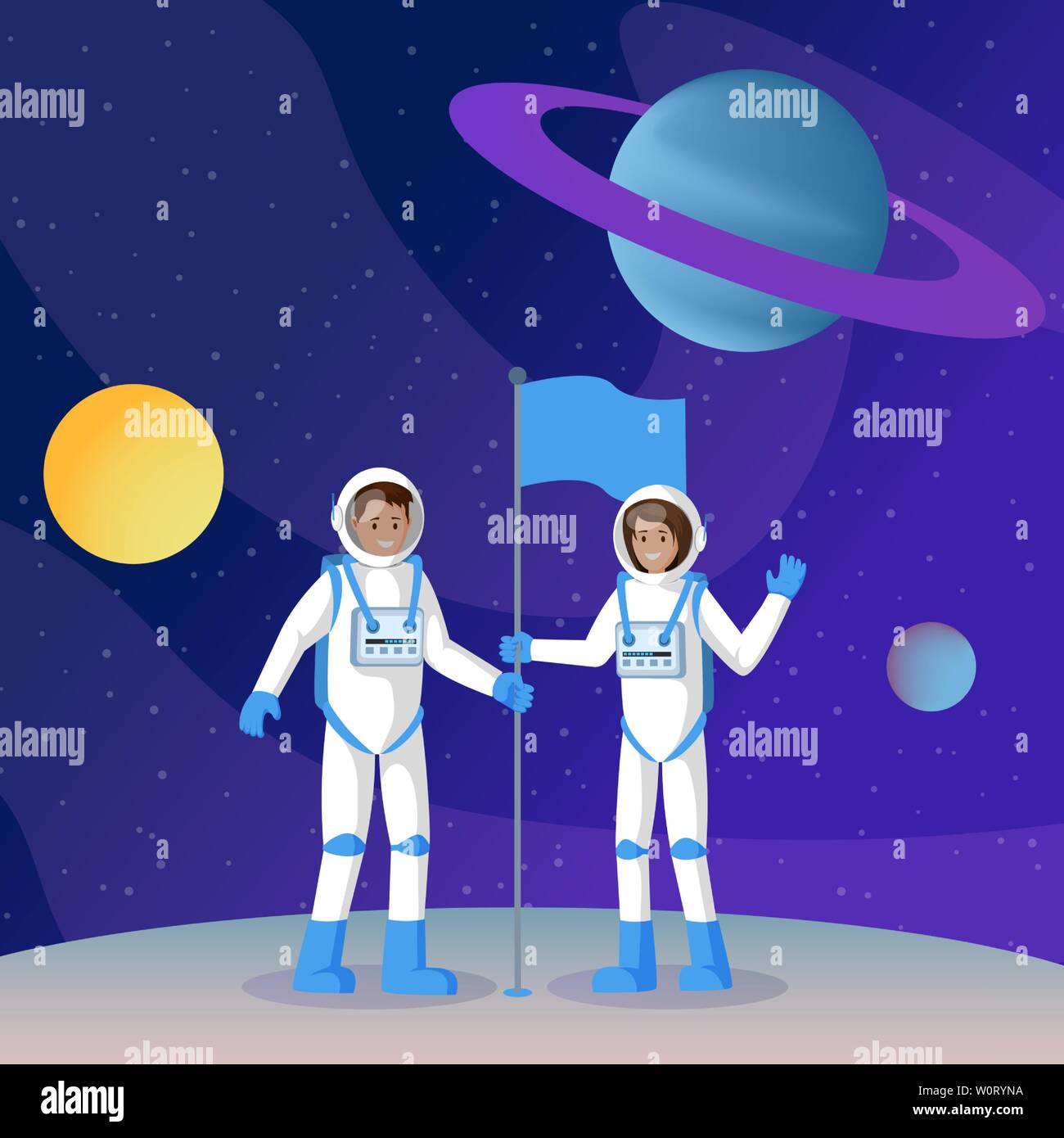 Two cosmonauts placing flag flat illustration. Male and female smiling astronauts in outer space waving hands cartoon characters. Another planet, moon landing, universe exploration drawing Stock Vector