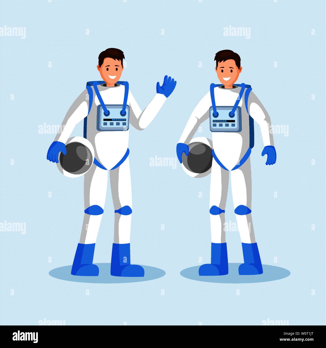 Male cosmonauts flat vector illustration. Smiling astronauts team, two men in spacesuits waving hand and holding helmets cartoon characters. Space mission, universe exploration isolated clipart Stock Vector