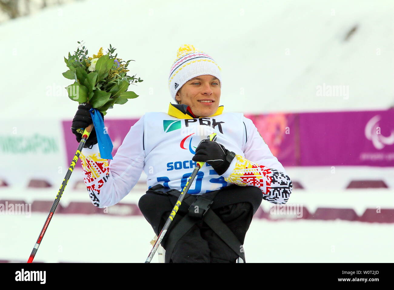 Anja WICKER (MTV Stuttgart) hat am Freitag im Biathlon über 12,5 Kilometer die Bronzemedaille gewonnen - Biathlon 7. Tag Laura Cross Country Center  Paralympics Sotschi 2014 / Paralympic Winter Games Sochi 2014 Stock Photo