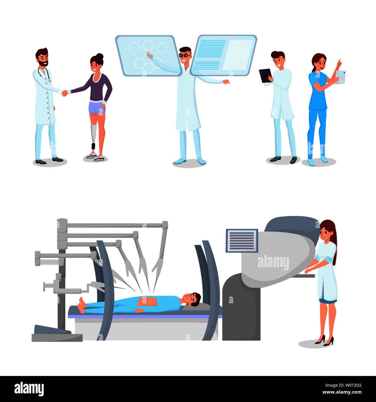 Medical innovations flat vector illustrations set. Hospital staff with modern gadgets and patient with prosthesis cartoon characters. Medicine technological modernization, clinic computerization Stock Vector