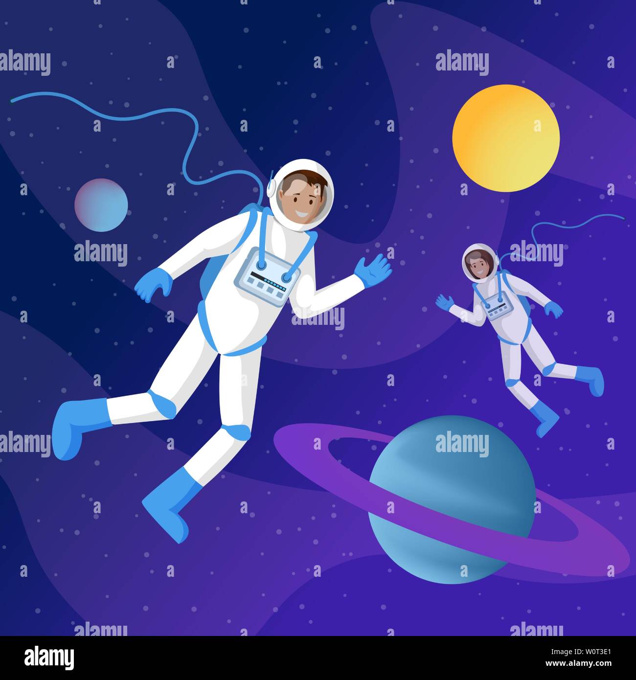 Astronauts In Outer Space Flat Illustration Two Cosmonauts In