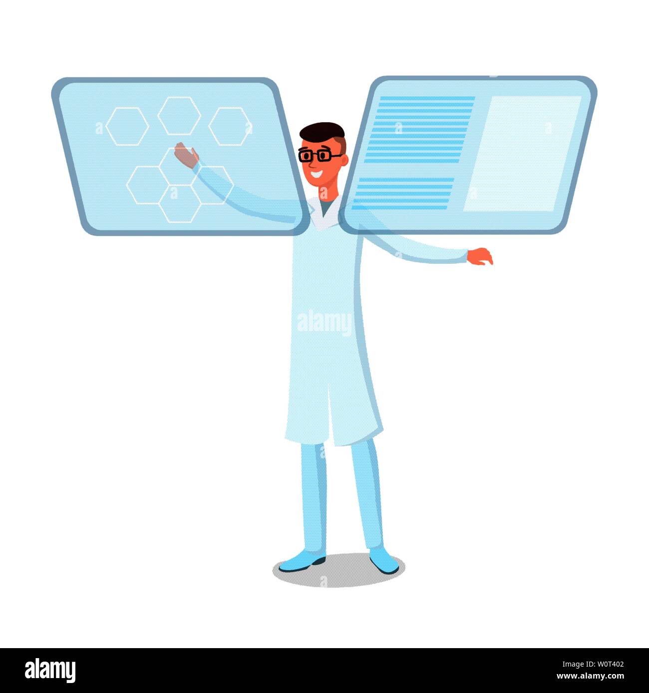 Futuristic technology flat vector illustration. Smiling young doctor, scientist in glasses cartoon character. Physician working with interactive interface, holographic display, high tech innovations Stock Vector