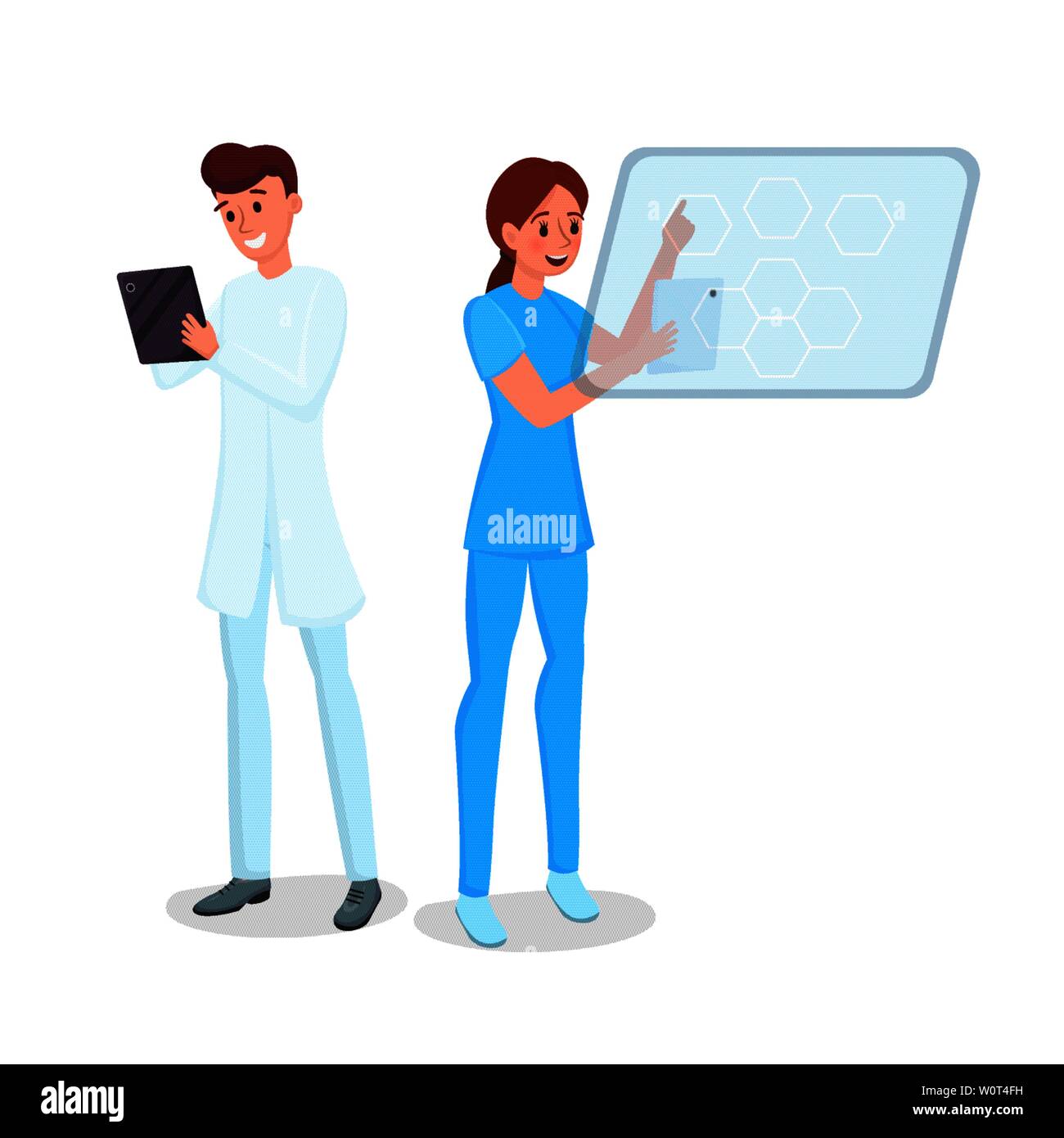 Medicine computerization flat vector illustration. Smiling young doctor and nurse with tablets cartoon characters. Smart medics working with portable devices, hospital staff with modern gadgets Stock Vector