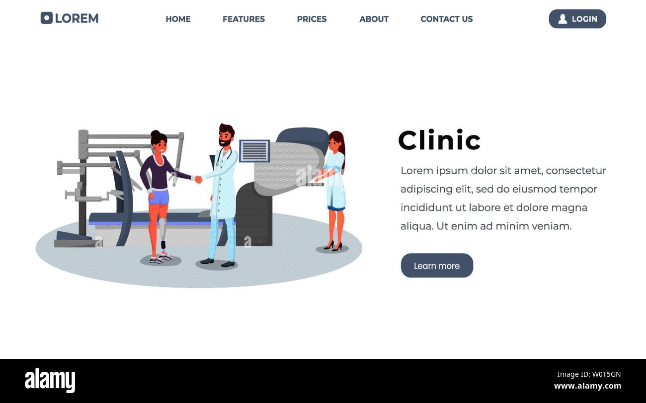 Prosthetics clinic flat homepage vector template. Doctor, surgeon and patient with artificial limb cartoon characters. Modern hospital landing page layout, medical innovations website interface design Stock Vector