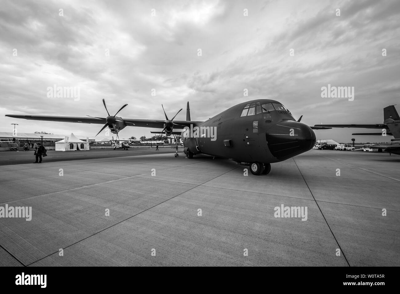 BERLIN, GERMANY - APRIL 25, 2018: Military transport, aerial refueling Lockheed Martin C-130J Super Hercules. French Air Force. Black and white. Exhibition ILA Berlin Air Show 2018 Stock Photo