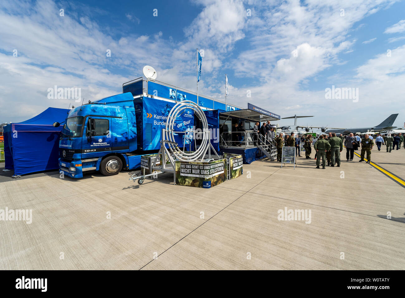 BERLIN, GERMANY - APRIL 25, 2018: Mobile (road train) recruitment point and career center for the German Army (Bundeswehr). Exhibition ILA Berlin Air Show 2018. Stock Photo
