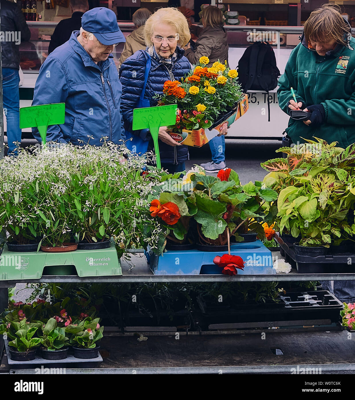St. Pölten, Niederösterreich, Österreich, Wochenmarkt. Bild zeigt Wochenmarktbesucher beim Blumenkauf. Stock Photo