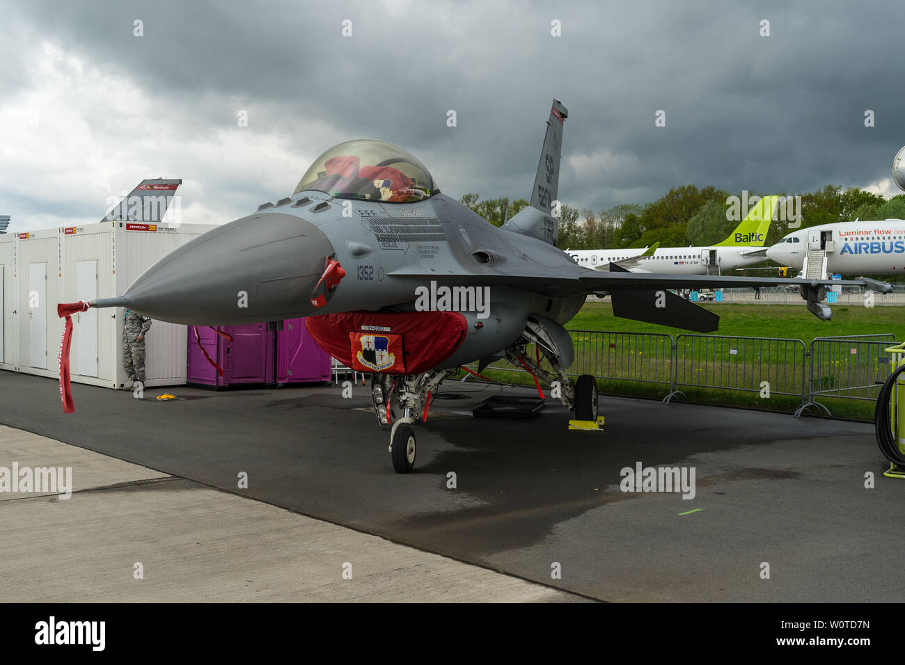 BERLIN - APRIL 26, 2018: Multirole fighter, air superiority fighter General Dynamics F-16 Fighting Falcon. US Air Force. Exhibition ILA Berlin Air Show 2018. Stock Photo