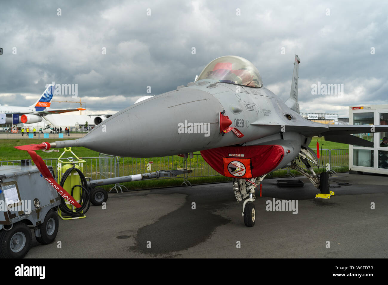 BERLIN - APRIL 26, 2018: Multirole fighter, air superiority fighter General Dynamics F-16 Fighting Falcon. US Air Force. Exhibition ILA Berlin Air Show 2018. Stock Photo