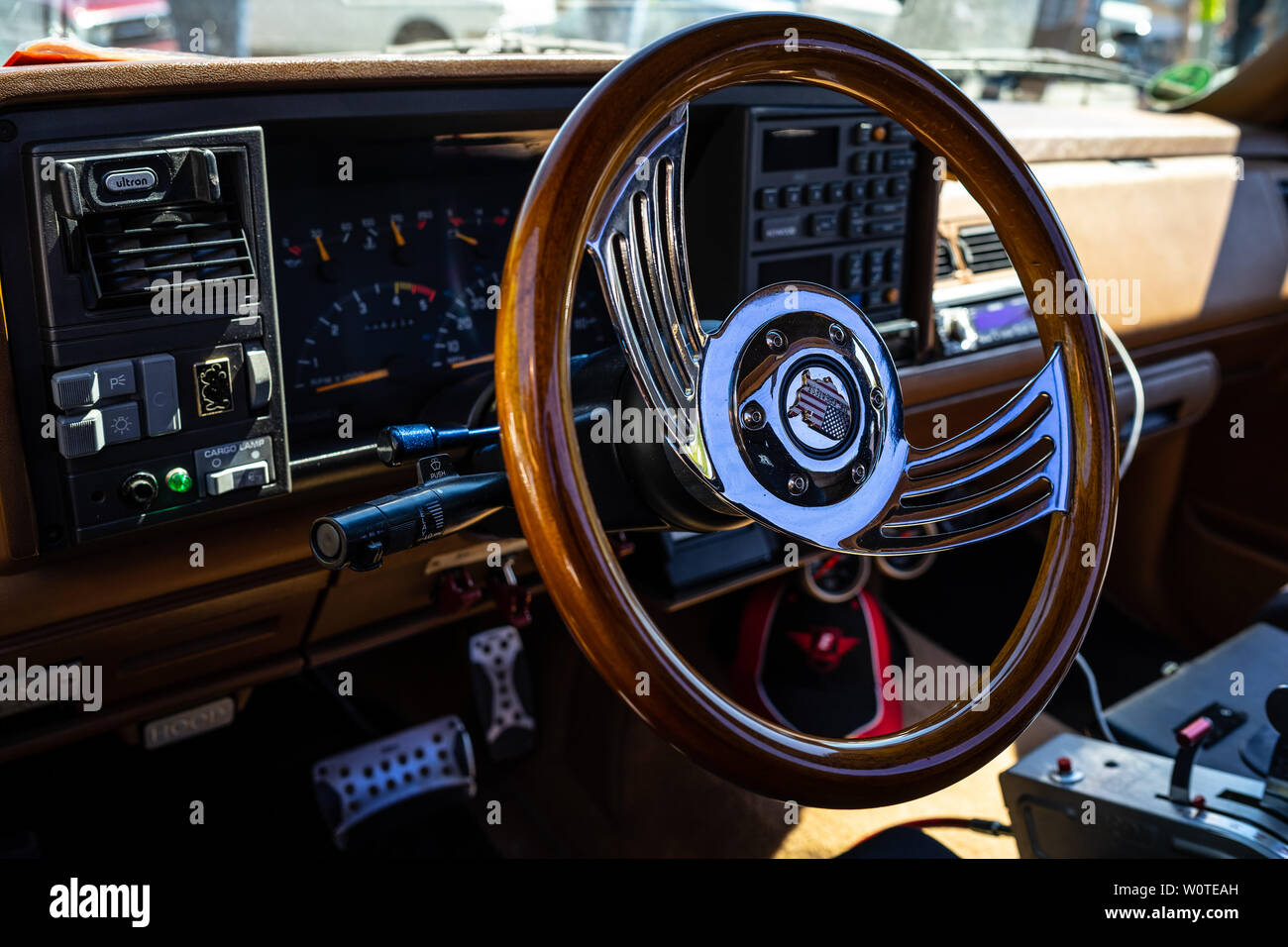 BERLIN - MAY 06, 2018: Interior of the full-size pickup truck Chevrolet C1500 Step Side (Silverado), 1991. Oldtimertage Berlin-Brandenburg (31th Berlin-Brandenburg Oldtimer Day). Stock Photo