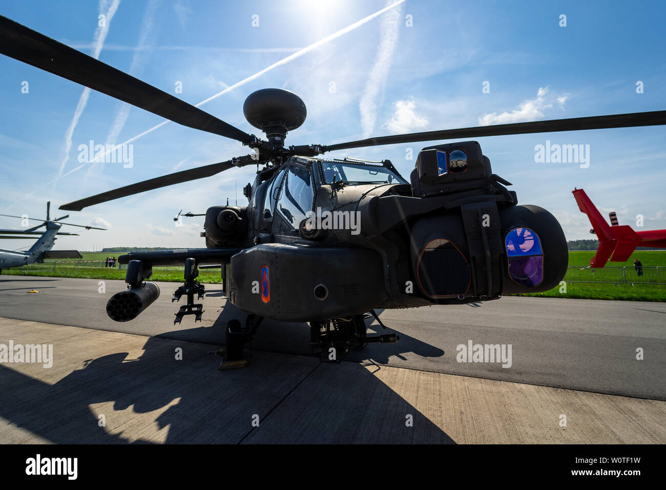 BERLIN, GERMANY - APRIL 27, 2018: Attack helicopter Boeing AH-64D Apache Longbow. US Army. Exhibition ILA Berlin Air Show 2018 Stock Photo