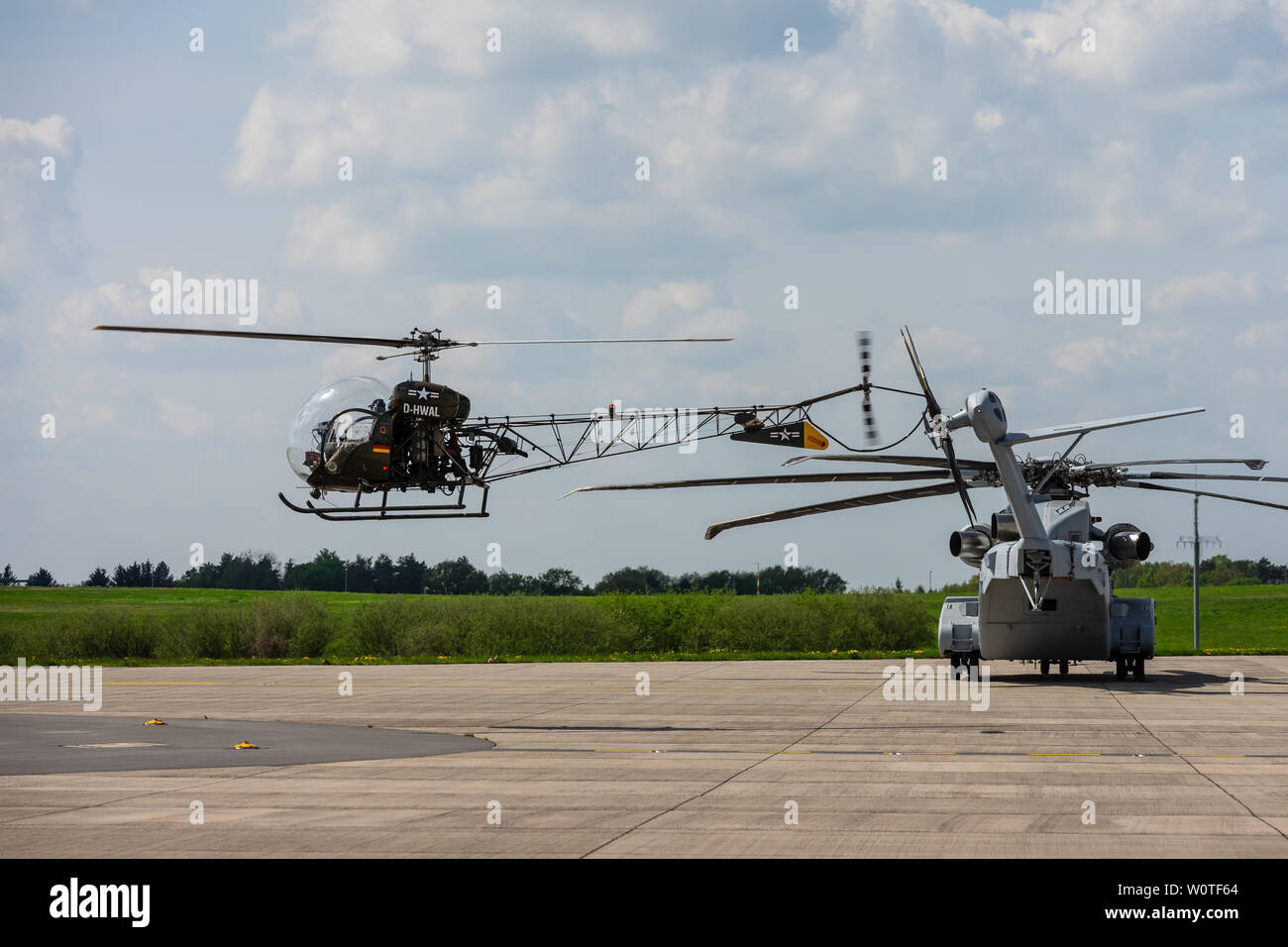 BERLIN, GERMANY - APRIL 27, 2018: Takeoff multipurpose light helicopter Bell 47. Exhibition ILA Berlin Air Show 2018 Stock Photo