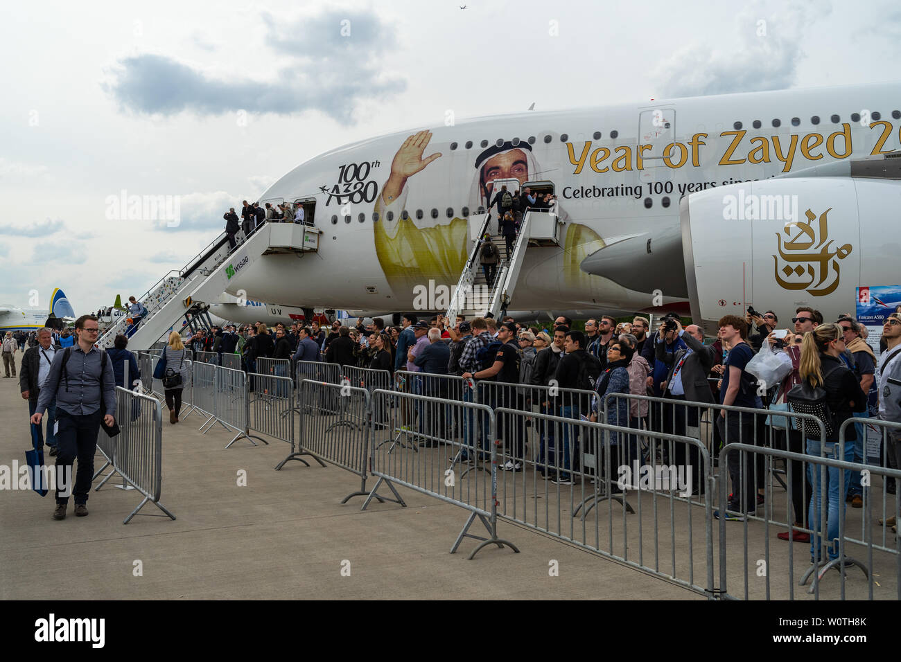 BERLIN - APRIL 27, 2018: The largest passenger airliner in the world Airbus A380. Emirates Airline. Exhibition ILA Berlin Air Show 2018 Stock Photo