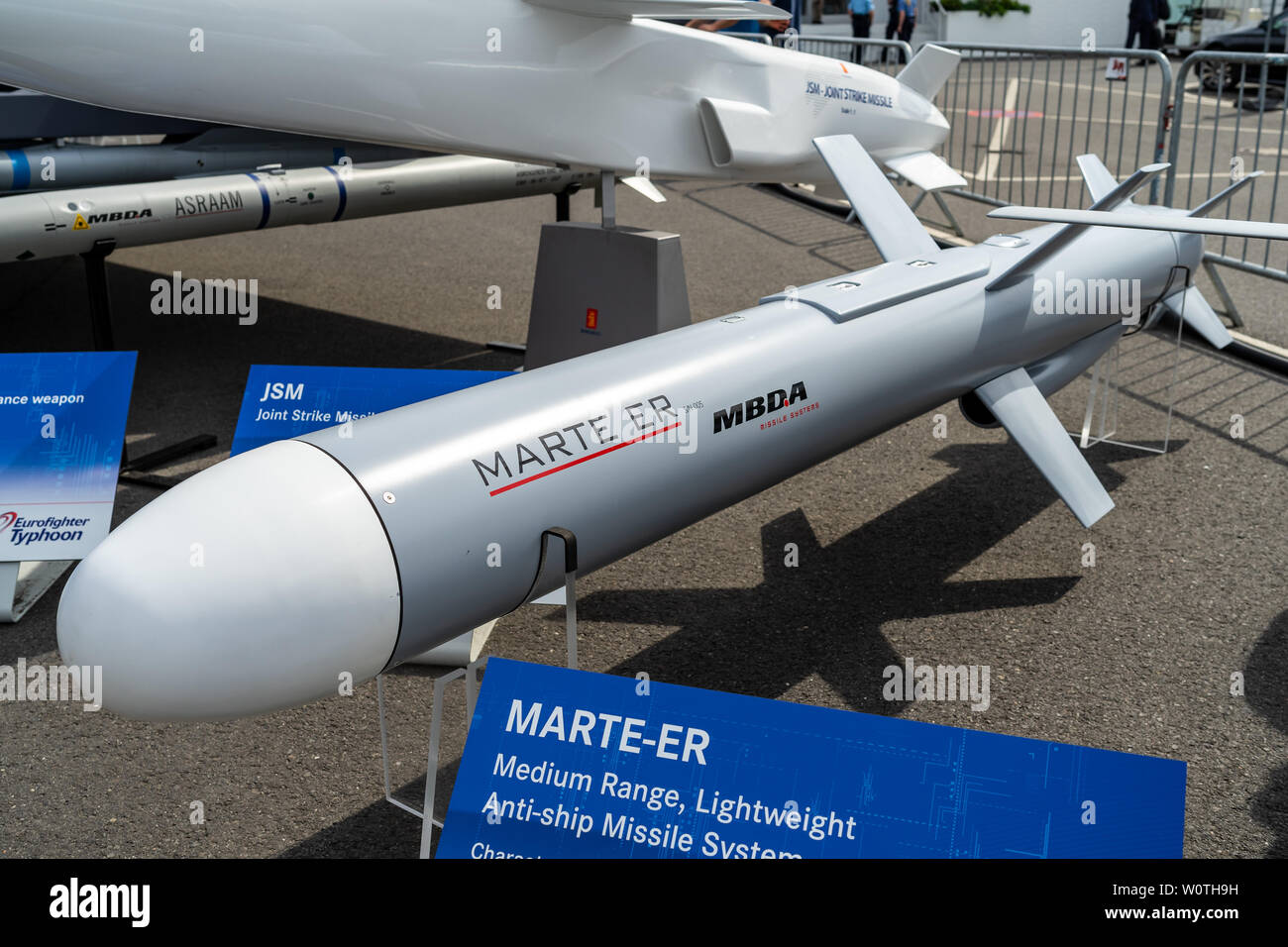 BERLIN - APRIL 27, 2018: An Italian anti-ship missile Marte-ER (Sea Killer). Exhibition ILA Berlin Air Show 2018. Stock Photo