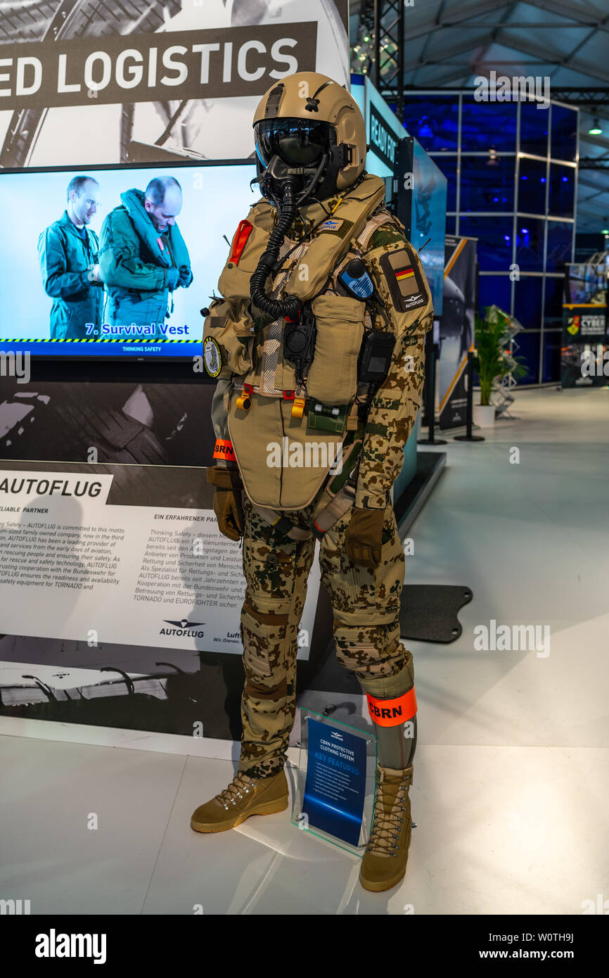 BERLIN - APRIL 27, 2018: Protective equipment for pilots 'CBRN protective clothing', design by AUTOFLUG GmbH. Exhibition ILA Berlin Air Show 2018. Stock Photo