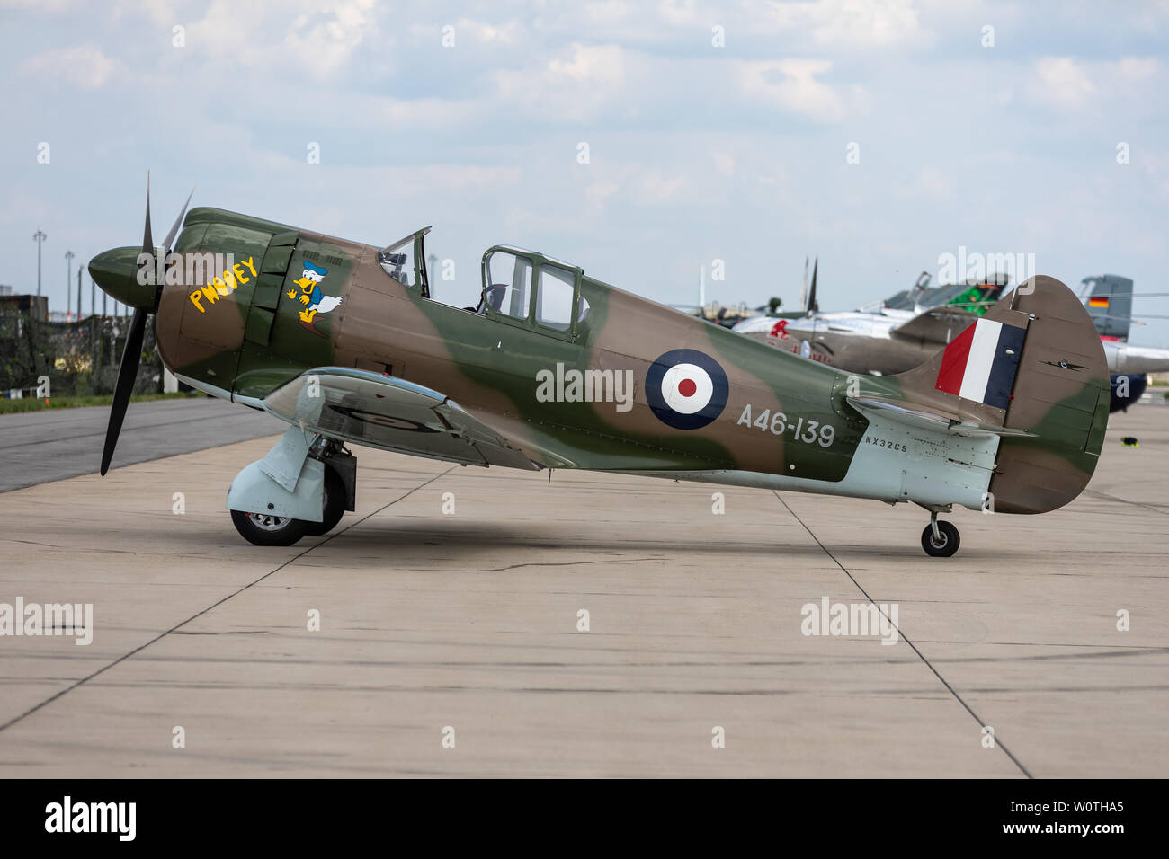 BERLIN - APRIL 27, 2018: Fighter aircraft CAC Boomerang on the airfield. Exhibition ILA Berlin Air Show 2018. Stock Photo